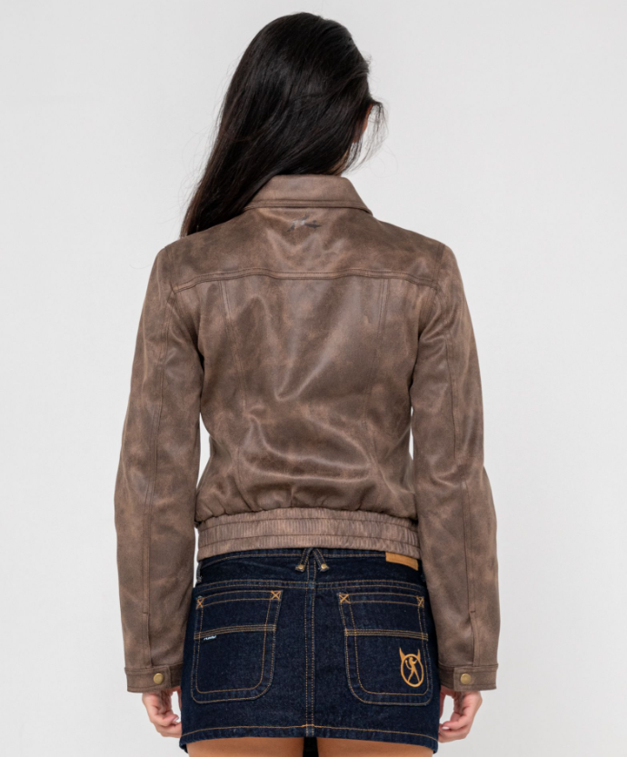 Rusty Lizzy Faux Leather Women's Fitted Jacket in ash brown from rear