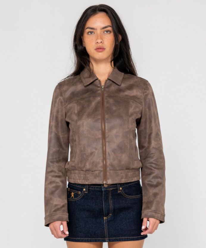 Rusty Lizzy Faux Leather Women's Fitted Jacket in ash brown on model from front up close