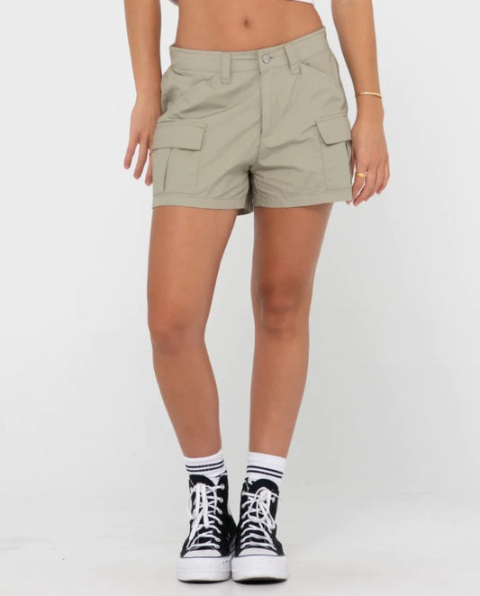 Rusty Milly Mid Rise Cargo Shorts in fig green from front
