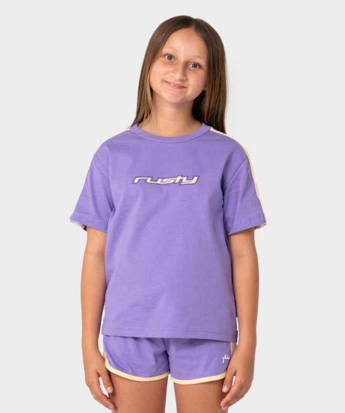 Rusty Mini Tammy 2 Girls Oversized Tee in purple from the front