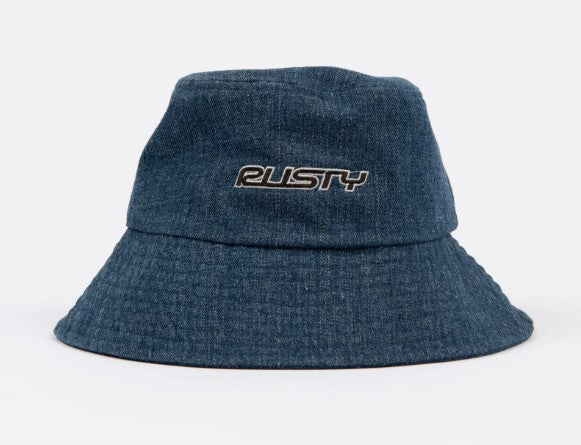 Rusty Miss Me Denim Bucket Hat in deep sea blue colour