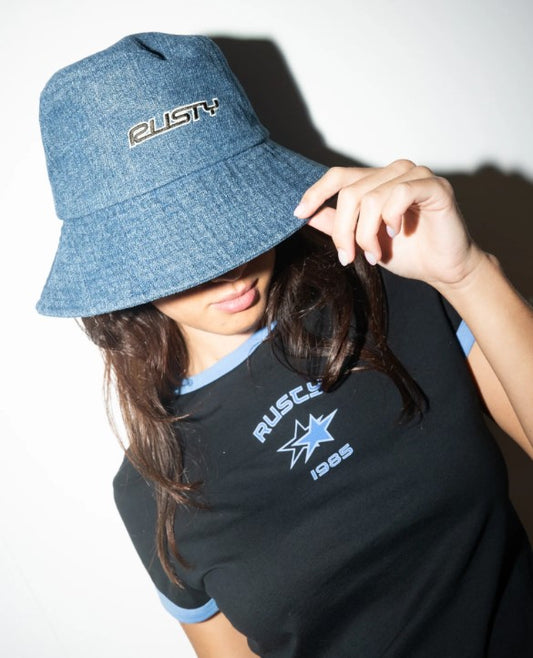 Rusty Miss Me Denim Bucket Hat in deep sea blue colour on model from front