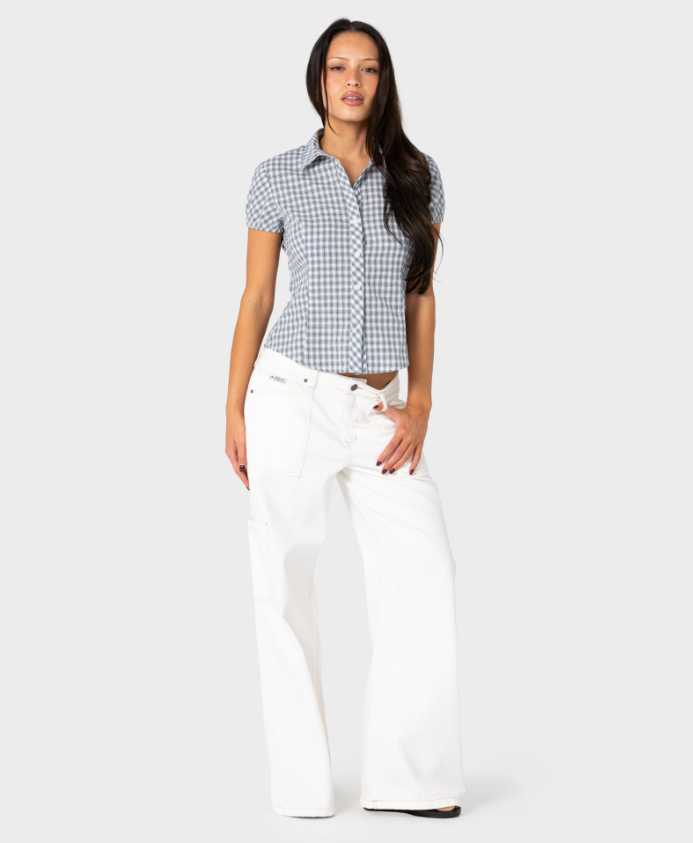 Rusty Missy May Women's Check Shirt in navy cream check on model in white pants from front
