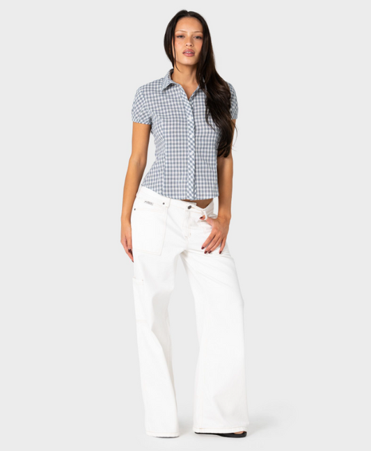 Rusty Missy May Women's Check Shirt in navy cream check on model in white pants from front