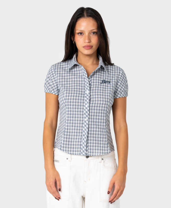 Rusty Missy May Women's Check Shirt in navy and cream check on model from front