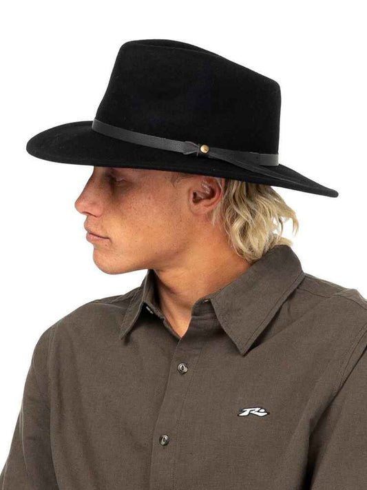 Rusty Ned Felt Hat in black colourway on blond surfer model