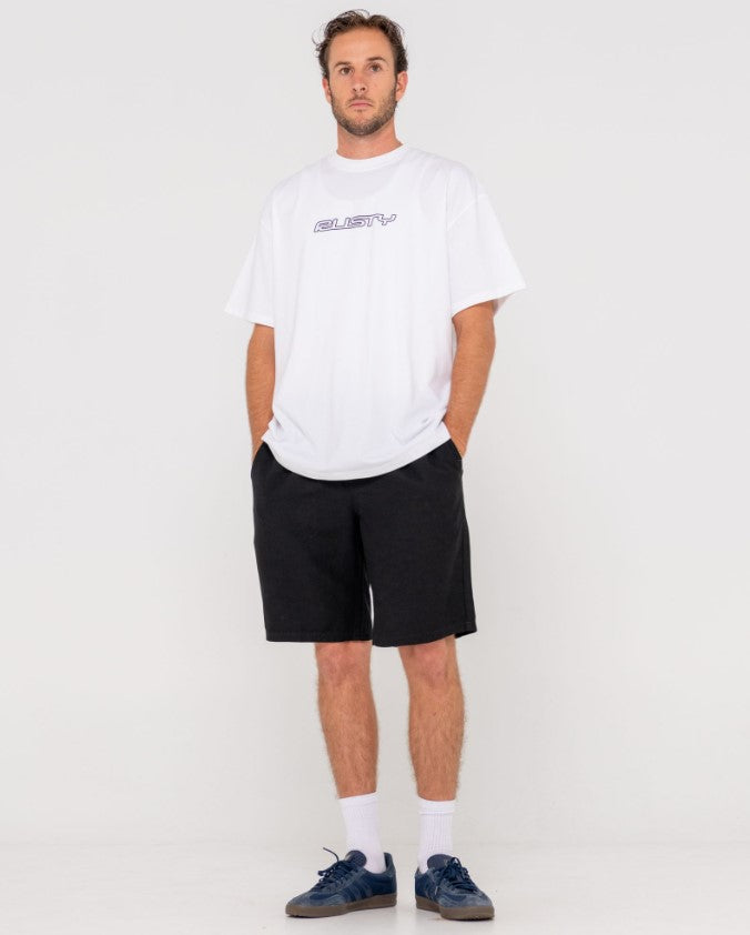 Rusty Overtone Linen Elastic Walkshorts  in black on model in white tee