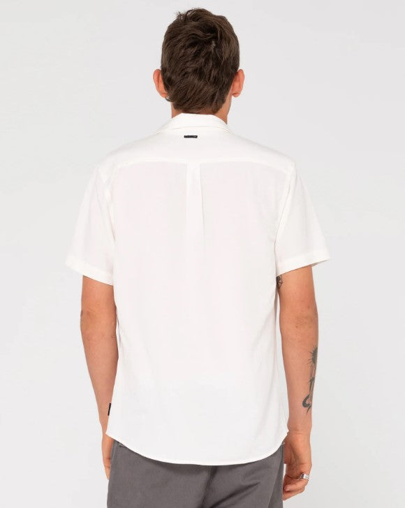 Rusty Overtone Short Sleeve Linen Shirt in whisper white from rear on model