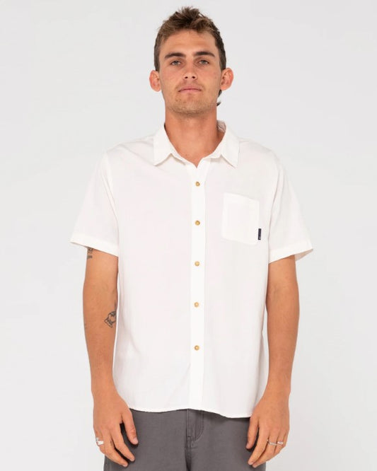 Rusty Overtone Short Sleeve Linen Shirt in whisper white from front on model