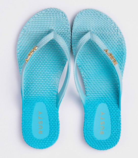 Rusty Palm Spring Womens Thongs in plume with oahu blue dip dye effect showing a pair from above