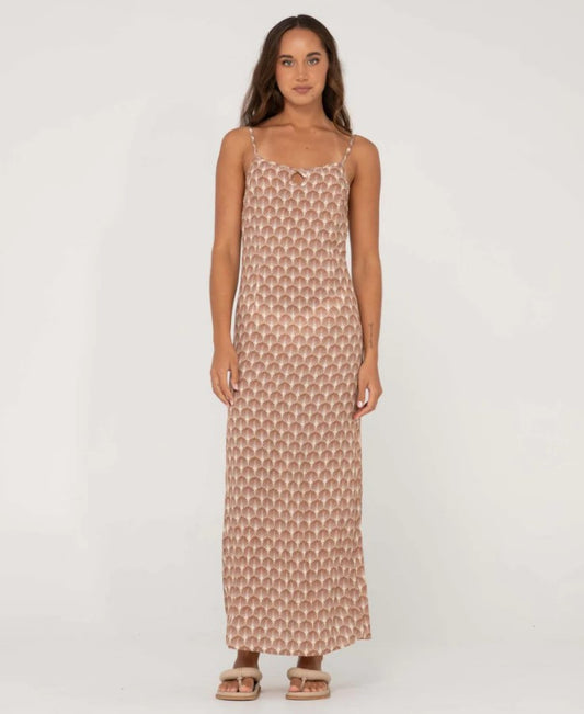 Rusty Panama Maxi Dress in brown from front on model