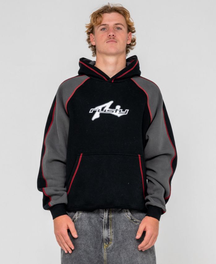 Rusty Paneka Hooded Fleece in bklack with carbon coloured arms and red stitching on model from front with white background