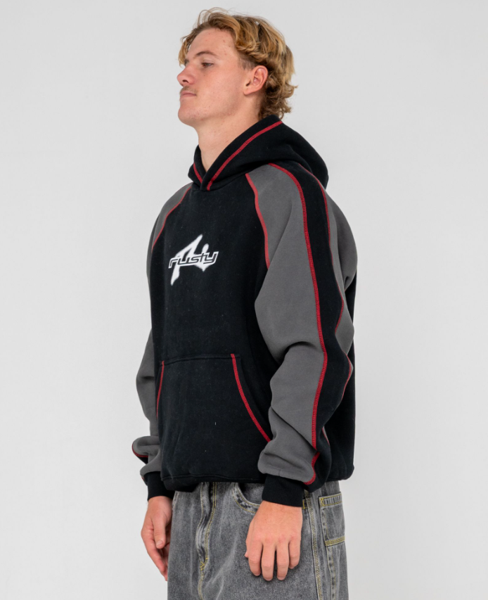 Rusty Paneka Hooded Fleece in bklack with carbon coloured arms and red stitching on model from side
