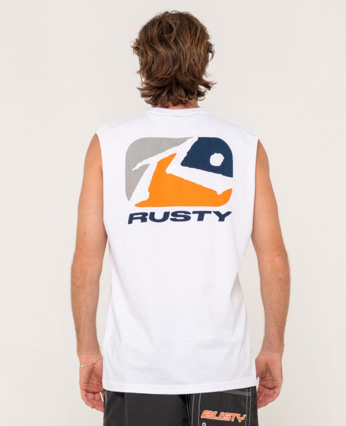 Rusty Phenom Muscle Top in white on model from rear