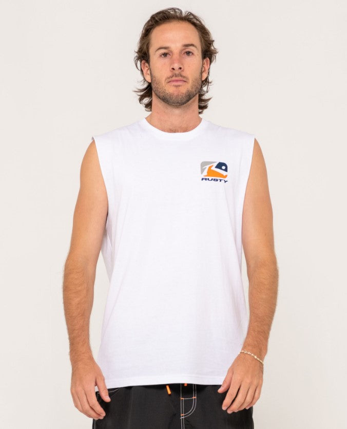 Rusty Phenom Muscle Top in white on model from front