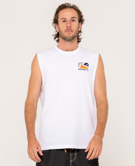 Rusty Phenom Muscle Top in white on model from front