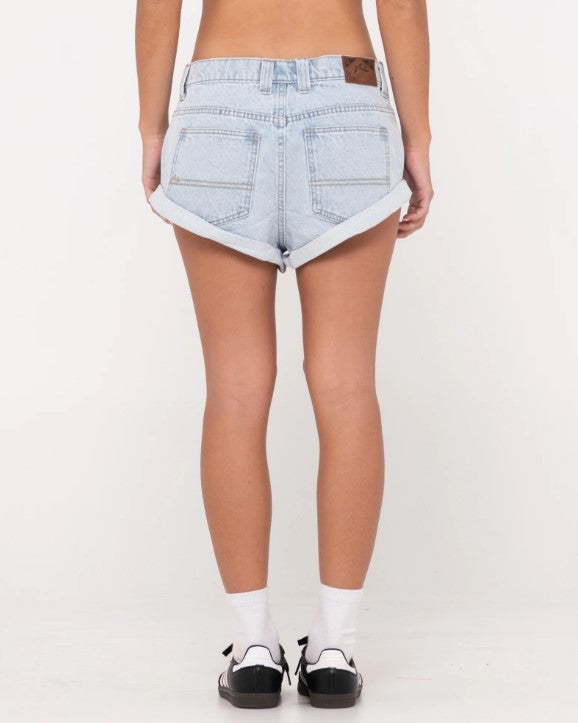 Rusty Phoenix Low Rise Denim Mini Shorts in sky blue heather colourway from rear