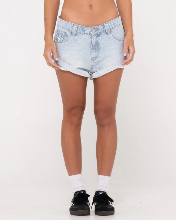 Rusty Phoenix Low Rise Denim Mini Shorts in sky blue heather colourway from front