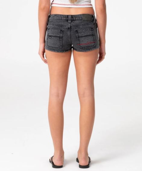 Rusty Punch Low Rise Micro Mini Denim Shorts in washed black from the rear