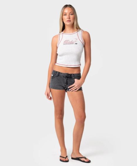 Rusty Punch Low Rise Micro Mini Denim Shorts in washed black from the front