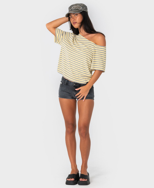 Rusty Punked Camo Military Cap on model in mini shorts and striped tee
