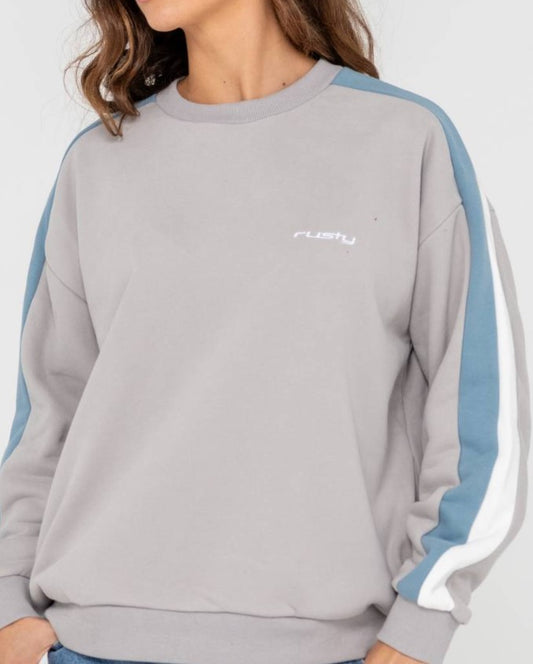 Rusty Racing Stripes 2.0 Oversized Crew Fleece in oyster grey with blue and white stripes