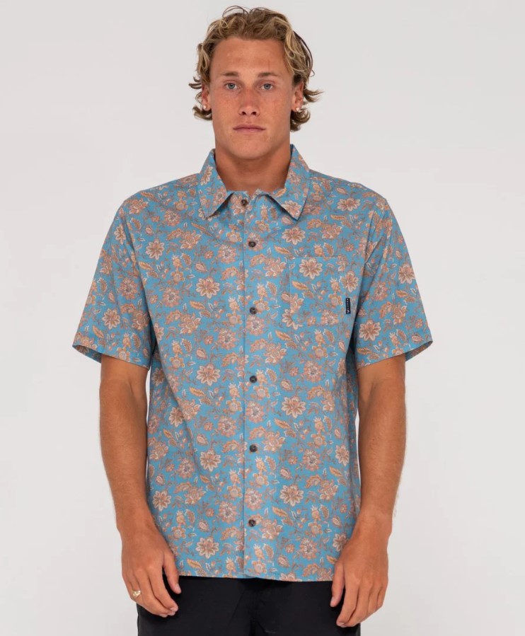 Rusty Ramie Short Sleeve Mosaic Shirt in sea spray blue colourway on model
