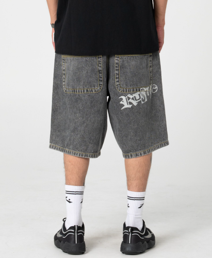 Rusty Redemption 2.0 24" Men's Denim Shorts in washed black on model in black rusty tee from rear close up