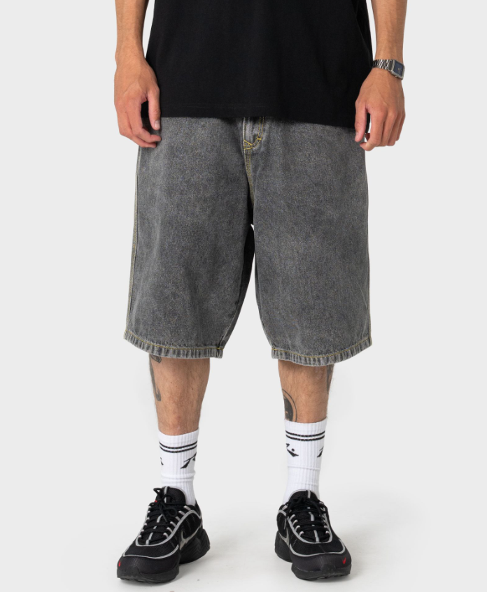 Rusty Redemption 2.0 24" Men's Denim Shorts in washed black on model in black rusty tee from front close up