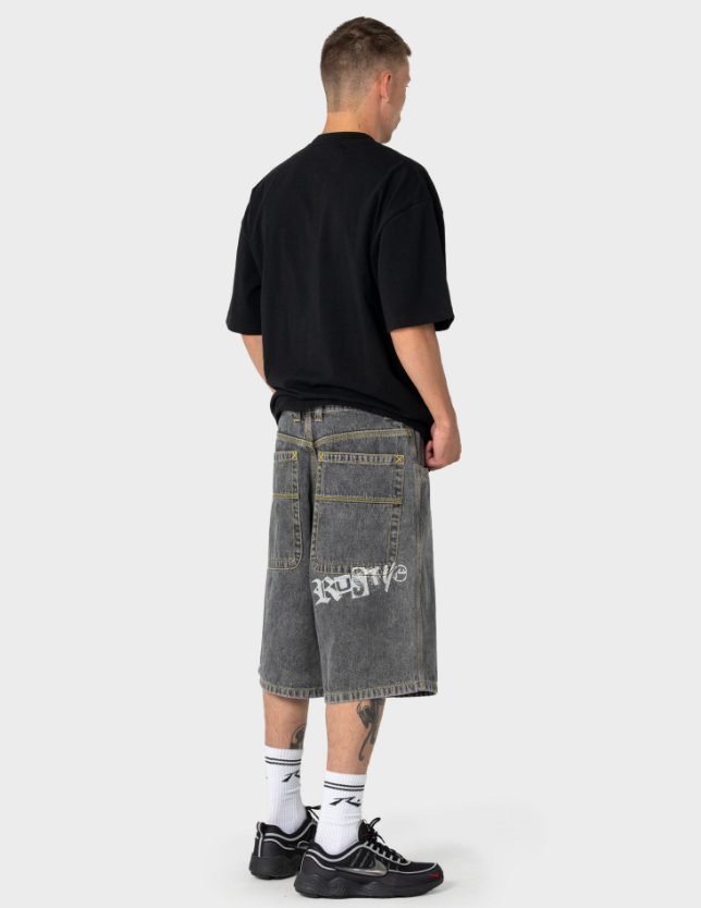 Rusty Redemption 2.0 24" Men's Denim Shorts in washed black on model in black rusty tee from rear