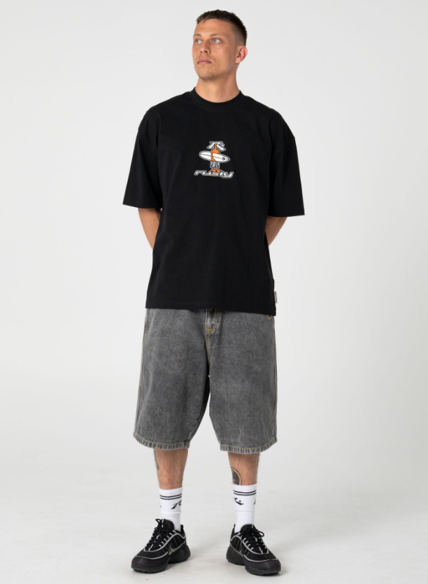 Rusty Redemption 2.0 24" Men's Denim Shorts in washed black on model in black rusty tee from front