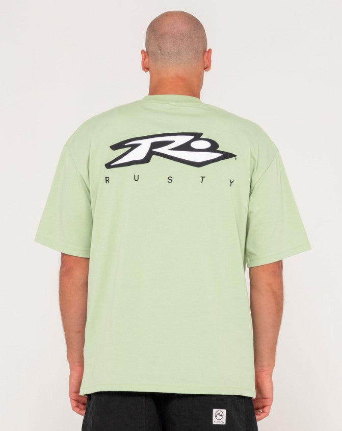 Rusty Registered T-Shirt  in smoke green tee from rear close up