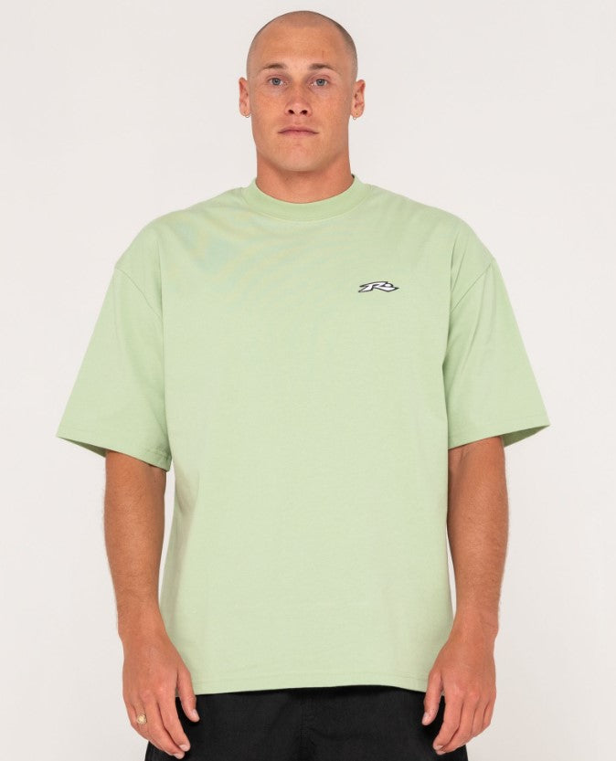 Rusty Registered T-Shirt  in smoke green tee from front close up