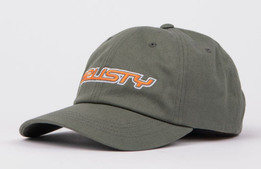 Rusty Reverb Dad Cap in smoke army colourway with orange and white Rusty embroidered logo