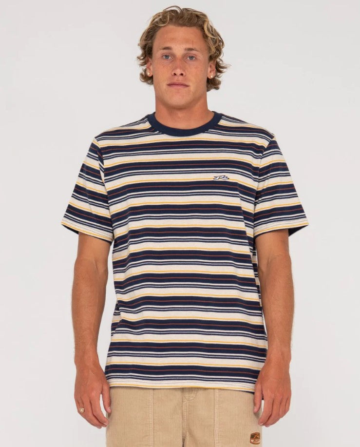 Rusty Richie Rich Tee in navy with multi horizontal stripes on model from front