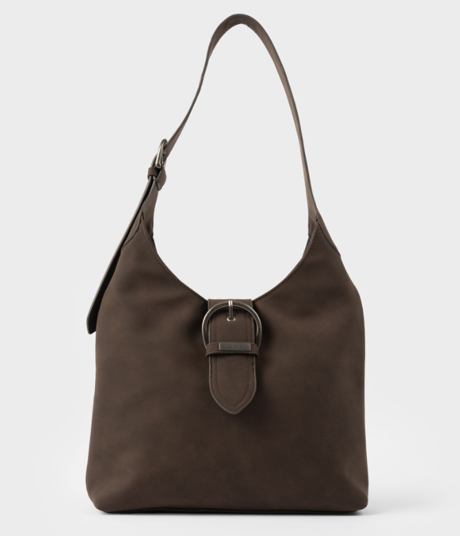 Rusty Rodeo Suede Shoulder Bag in pinecone brown with white background
