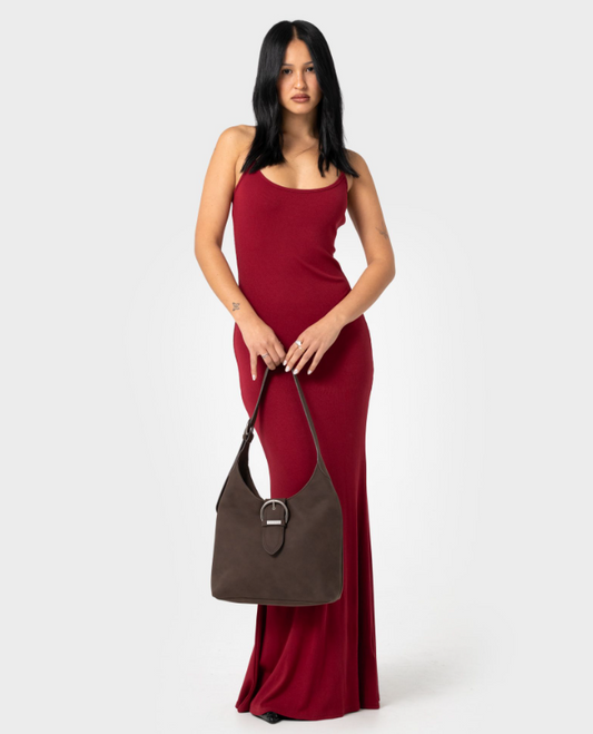 Rusty Rodeo Suede Shoulder Bag in pinecone brown on model in red dress