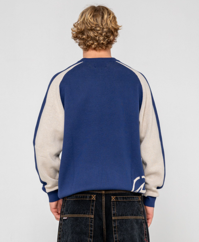 Rusty Roll Safe Boxy Knitted Men's Crew in blue with white detail on model from rear