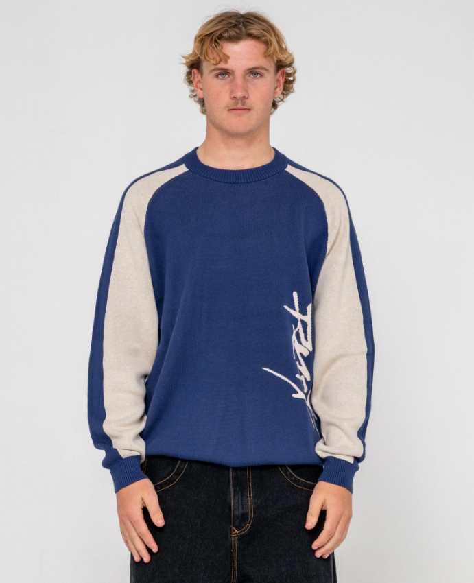 Rusty Roll Safe Boxy Knitted Men's Crew in blue with white detail on model from front