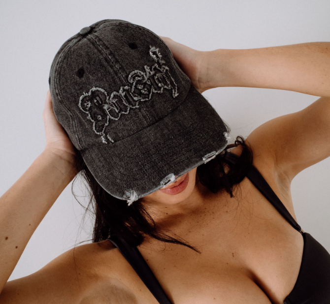 Rusty Roxanne Denim Womens Dad Cap in washed black on model
