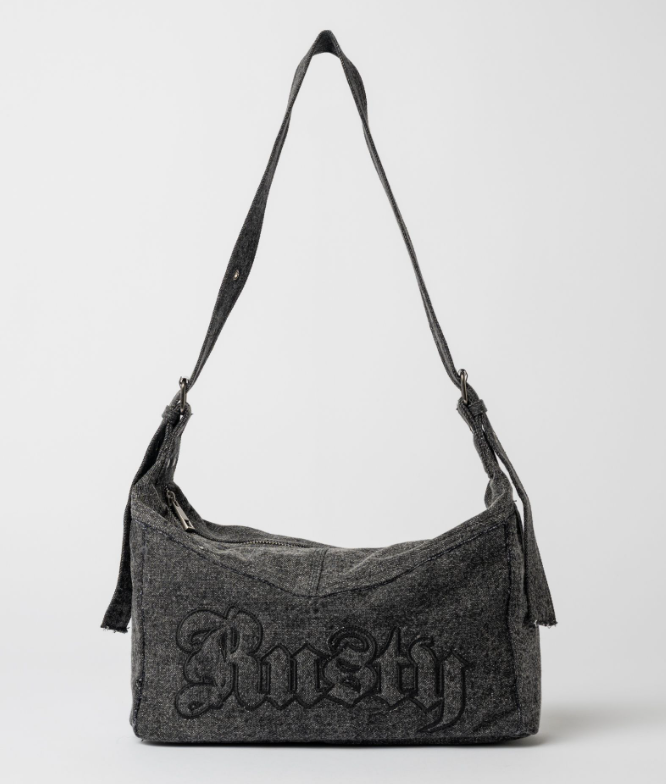 Rusty Roxanne Denim Shoulder Bag in washed black on white background