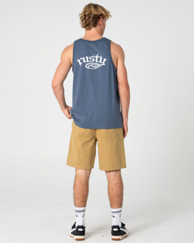 Rusty Rumble Elastic Waist 21" Men's Walkshorts in khaki on model in blue Rusty singlet from rear