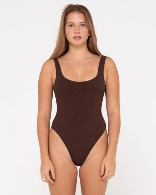 Rusty Sandalwood Retro One Piece Swimwear in java colour from front