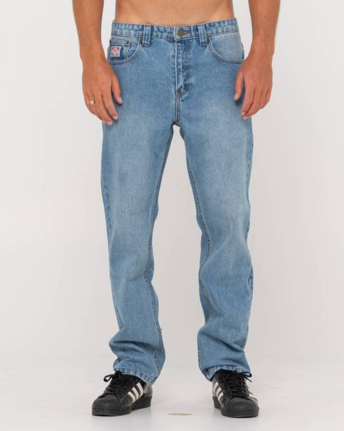 Rusty Seven Straight Jeans in hard hat blue from front