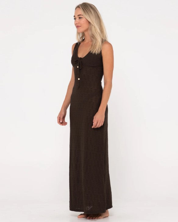 Rusty Vita Sheer Knit Maxi Dress in java colour on model from side view