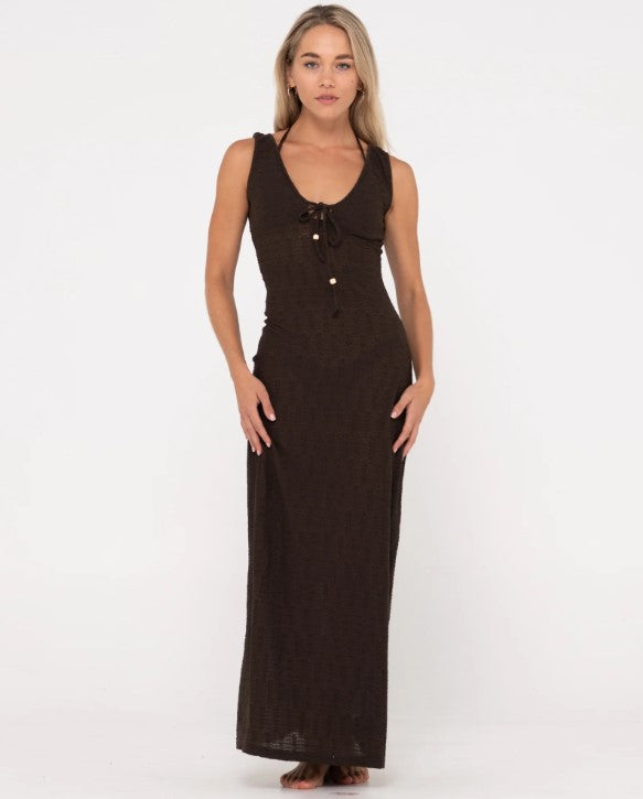 Rusty Vita Sheer Knit Maxi Dress in java colour on model from front