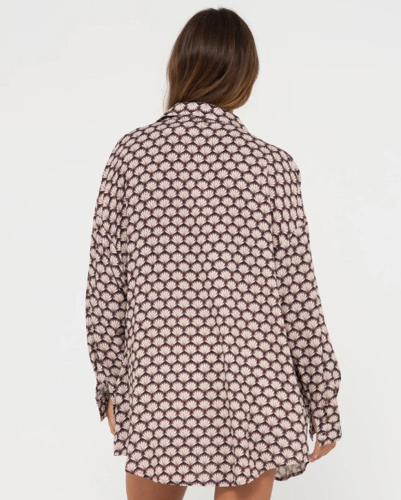 Rusty Sorrento Oversized Long Sleeve Shirt in tuscan brown showing rear view