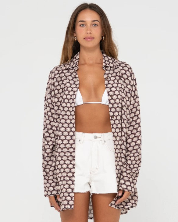 Rusty Sorrento Oversized Long Sleeve Shirt in tuscan brown showing fron view open on model