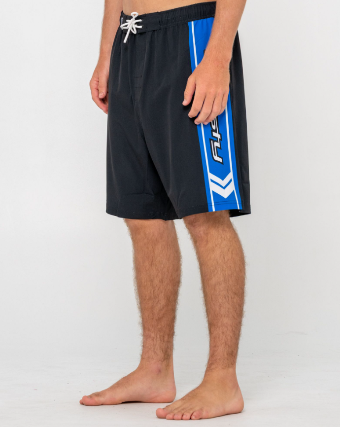 Rusty Spitfire Hybrid Waist 21" Boardshorts in black with blue detailing from side view with white background
