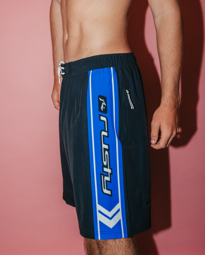 Rusty Spitfire Hybrid Waist 21" Boardshorts in black with blue detailing from side view